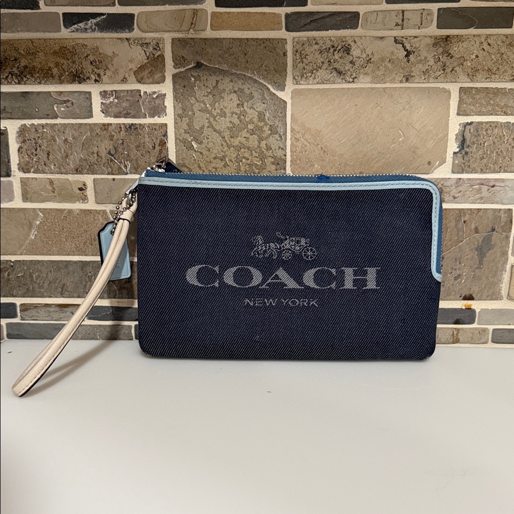 Coach Denim Wristlet with Light Blue Trim and Cream Strap